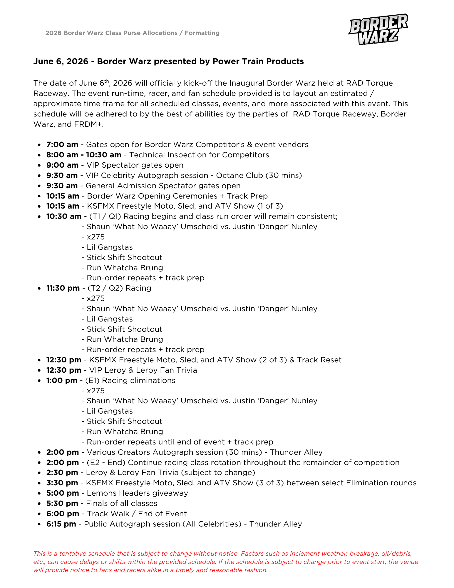 Border Warz Schedule Update